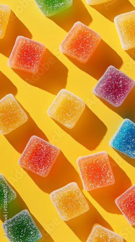 multi-colored square gummies covered in sugar on yellow background
