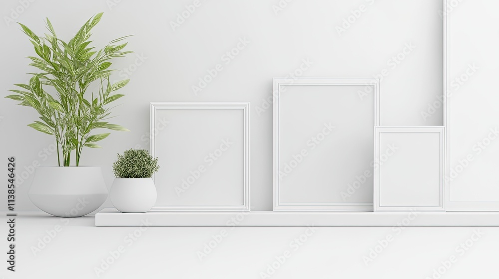 A minimalist gallery with white walls featuring evenly spaced blank frames, offering ample space for creative content display. A minimalist gallery with white walls featuring evenly spaced blank frames, offering ample space for creative content display.