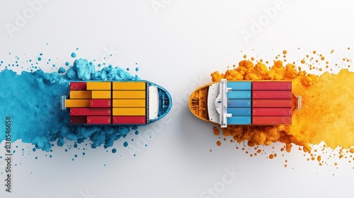 Trade deficit visualization, contrasting imports, watercolor flow photo