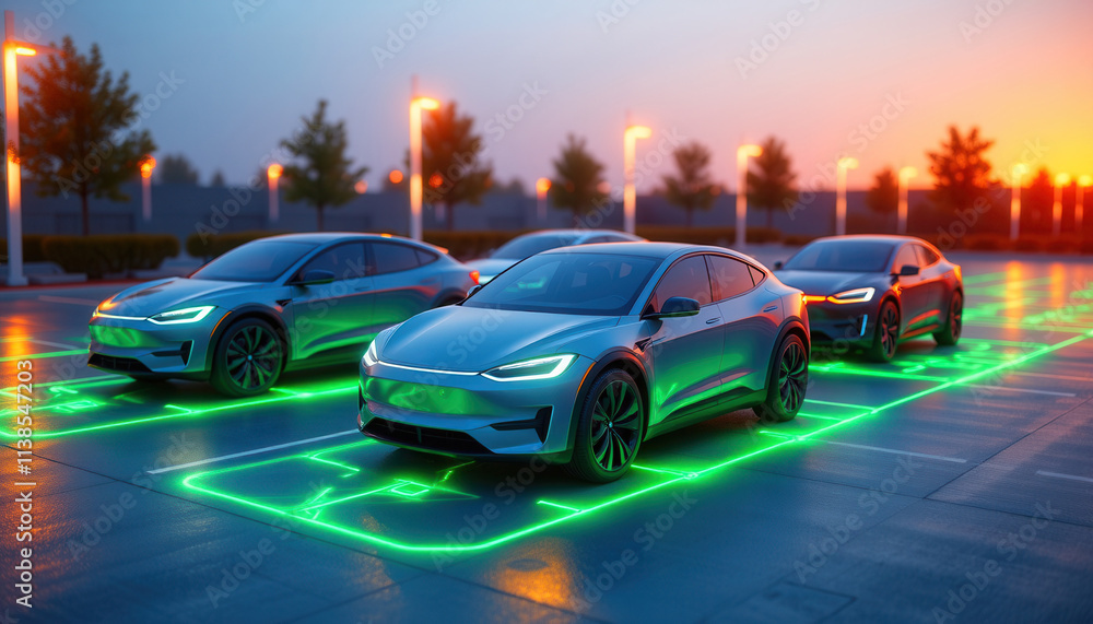 Fototapeta premium Modern Parking Lot with EVs Wirelessly Charging: Green Energy