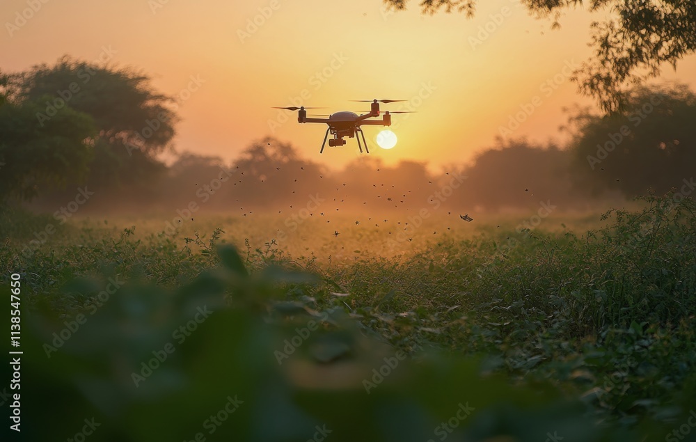 Drone captures sunset over a lush field while hovering in the golden hour Drone captures sunset over a lush field while hovering in the golden hour