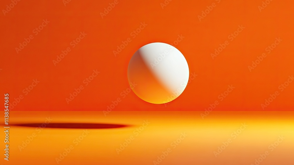 A ping pong ball hovering against a vibrant orange background, with shadows creating depth. A ping pong ball hovering against a vibrant orange background, with shadows creating depth.