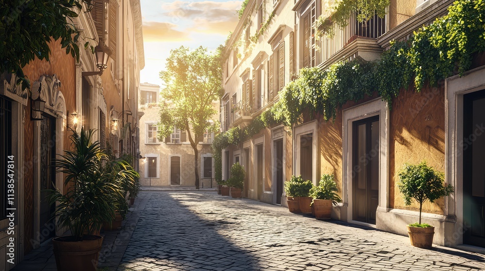 Fototapeta premium Tranquil European Street at Sunset with Charming Architecture, Lush Greenery, and Cobblestone Pathway Inviting Strolls Through Picturesque Neighborhood