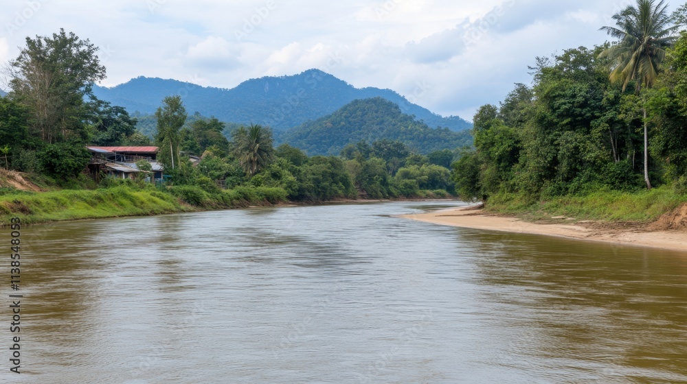 Serene River Flowing Through Lush Green Landscape Under Cloudy Sky Serene River Flowing Through Lush Green Landscape Under Cloudy Sky