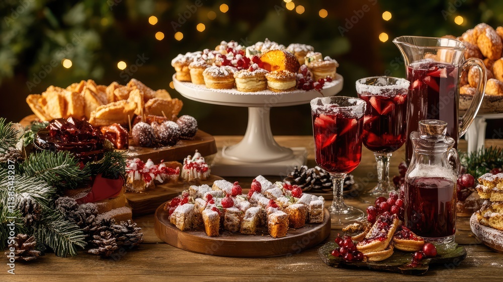 Decorated table with holiday treats and mulled wine glasses Decorated table with holiday treats and mulled wine glasses