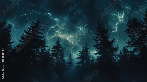 Wallpaper Mural Dramatic Thunderstorm Over Dense Forest at Night with Striking Lightning Illuminating Dark Clouds and Creating a Mysterious Atmosphere Torontodigital.ca