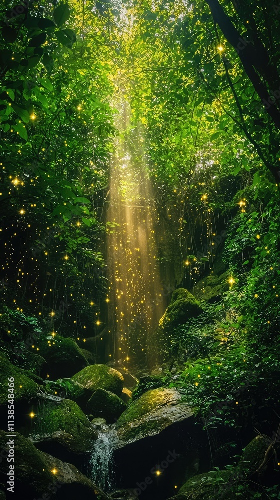 Obraz premium Enchanted Forest with Sunlight Streaming Through Trees, Sparkling Particles, and a Tranquil Waterfall Surrounded by Lush Greenery and Mossy Stones