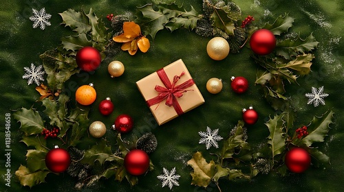 Christmas and New Year composition with decorative elements like a gift box, red balls, and snowflakes on a green surface photo