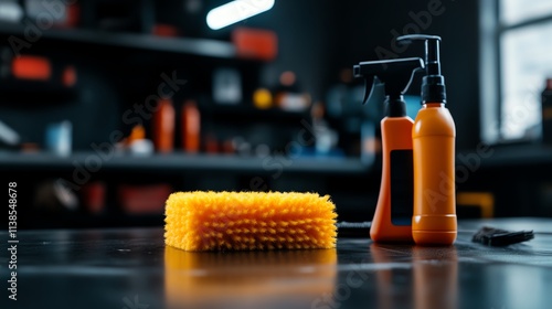 Cleaning tools on a dark work surface. photo