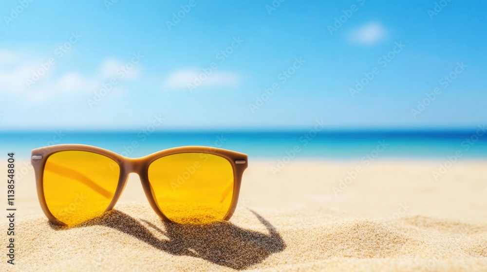 Bright Sunglasses on Sandy Beach with Blue Ocean and Clear Sky Background Bright Sunglasses on Sandy Beach with Blue Ocean and Clear Sky Background