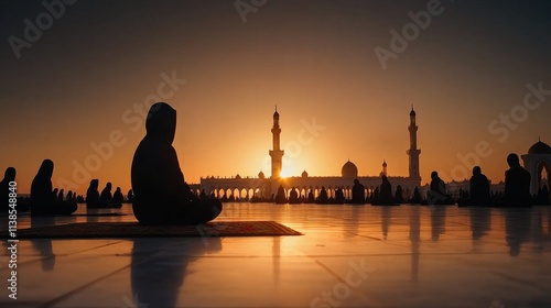 A serene mosque at sunset, worshippers praying outside under a glowing orange sky, symbolizing devotion during Ramadan photo