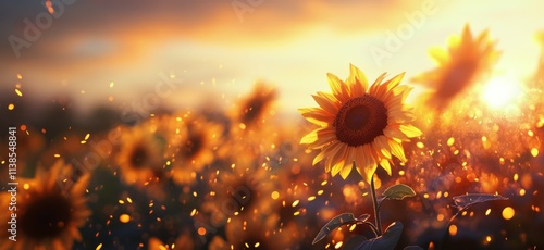 Sunflower field glowing under sunset with warm light and shimmering particles in the air