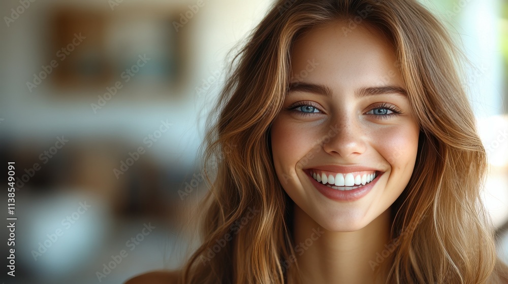 A young woman with long, wavy hair and bright blue eyes is smiling widely. Sunlight fills the cozy space, highlighting her joyful expression and creating a warm atmosphere A young woman with long, wavy hair and bright blue eyes is smiling widely. Sunlight fills the cozy space, highlighting her joyful expression and creating a warm atmosphere