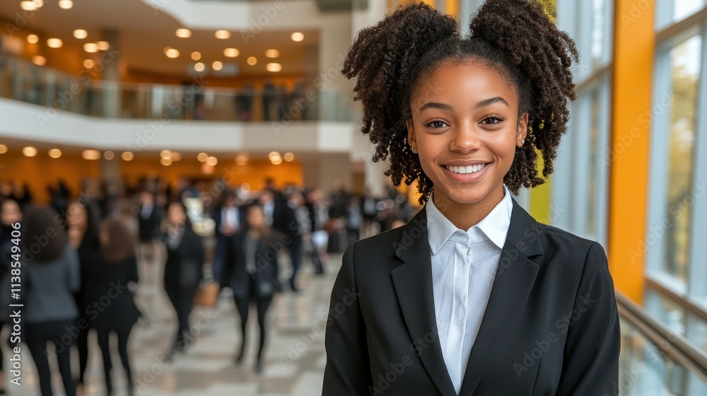 A young woman presents a warm smile while dressed in formal clothing at an energetic professional gathering. The venue buzzes with activity, featuring attendees engaged in discussions A young woman presents a warm smile while dressed in formal clothing at an energetic professional gathering. The venue buzzes with activity, featuring attendees engaged in discussions