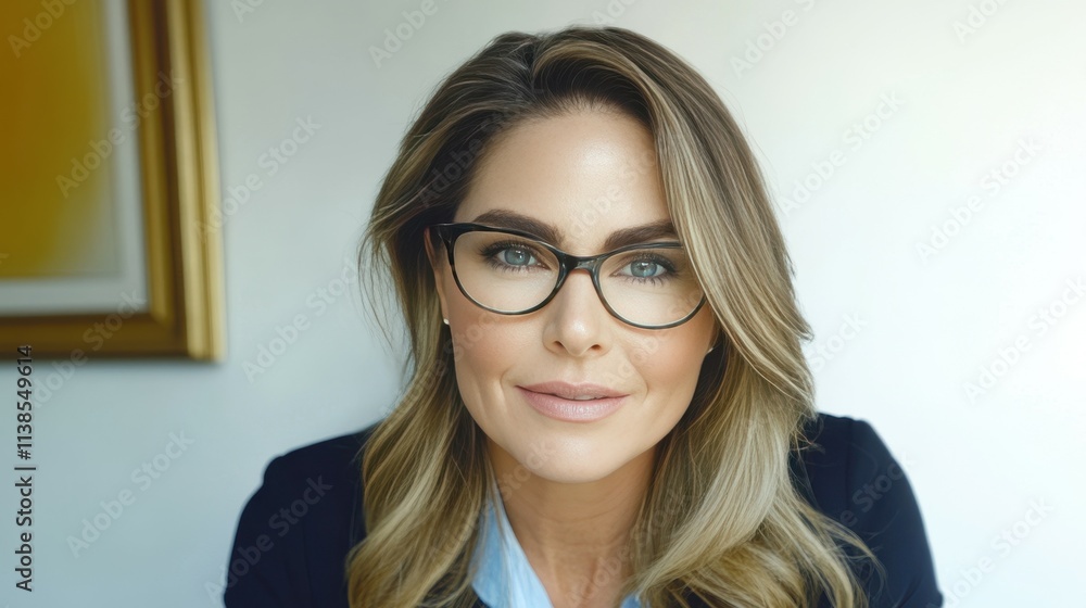A confident business woman with long hair and glasses poses with a slight smile in a bright office space. She wears a blazer and has a professional demeanor, showcasing her expertise A confident business woman with long hair and glasses poses with a slight smile in a bright office space. She wears a blazer and has a professional demeanor, showcasing her expertise