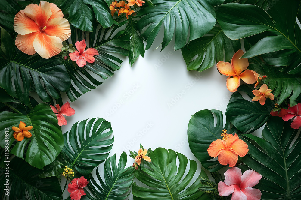 Tropical plants and flowers frame the background with white space in the center for text or design, against a white background,
Tropical plants and flowers frame the background with white space in the center for text or design, against a white background,