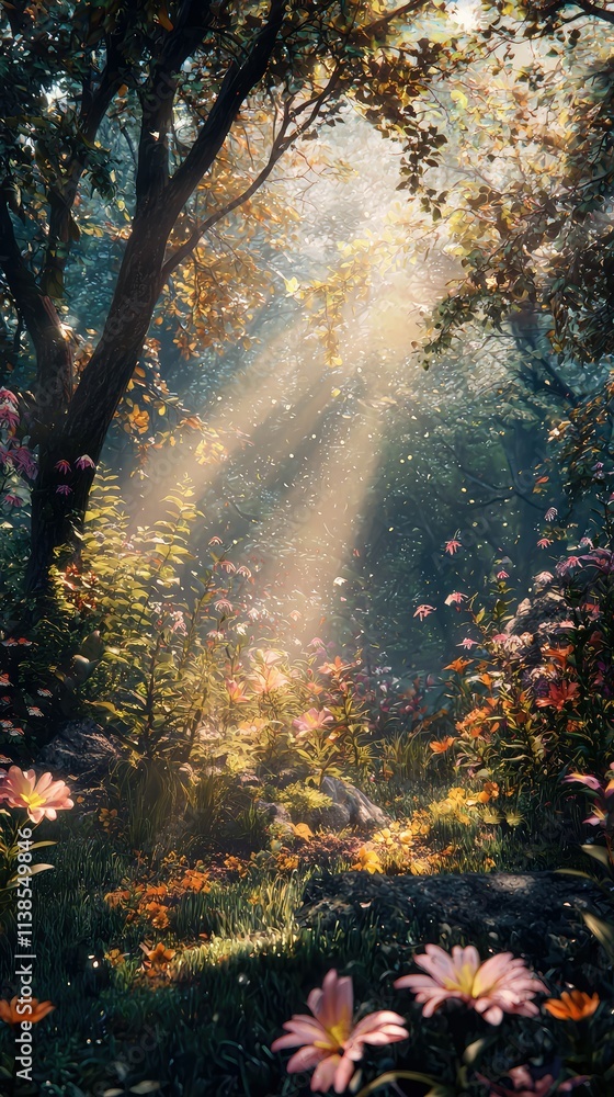 Obraz premium A Sunlit Forest Clearing with Vibrant Flowers and Gentle Sunbeams Illuminating the Tranquil Nature Scene in a Magical Woodland Environment