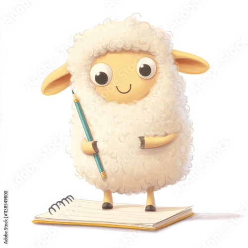 Cute cartoon sheep holding a pencil and standing on an open notebook in a creative setting photo