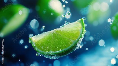 Fresh lime slice in water splashes