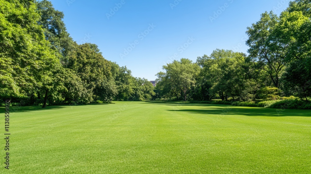 Lush Green Lawn Surrounded by Trees on a Bright Sunny Day in Nature Park Lush Green Lawn Surrounded by Trees on a Bright Sunny Day in Nature Park