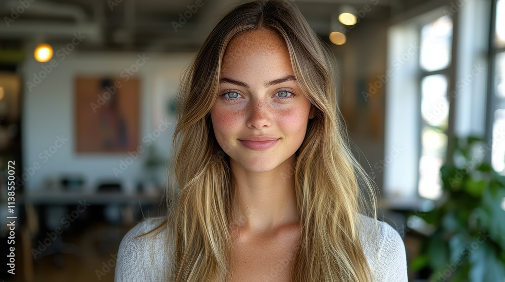 A young woman stands in a well-lit office, wearing a light sweater and smiling at the camera. The background features green plants and contemporary workspaces, creating a welcoming atmosphere A young woman stands in a well-lit office, wearing a light sweater and smiling at the camera. The background features green plants and contemporary workspaces, creating a welcoming atmosphere