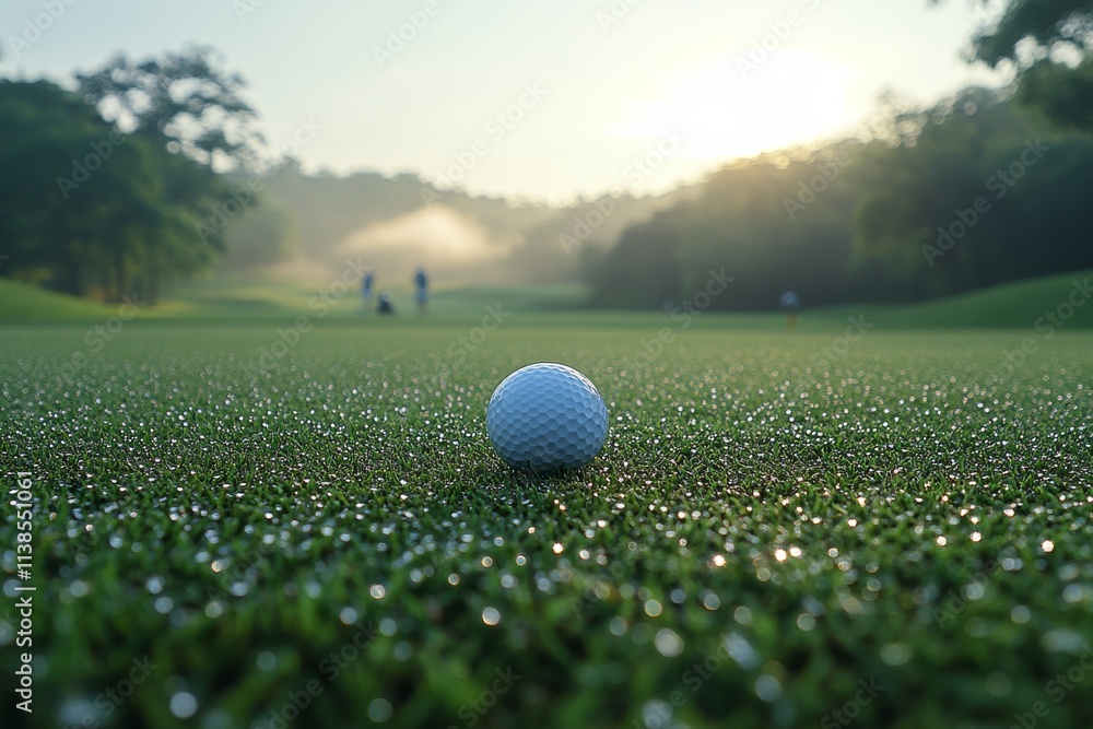 Morning golf ball resting on dew covered grass with players in the background Morning golf ball resting on dew covered grass with players in the background