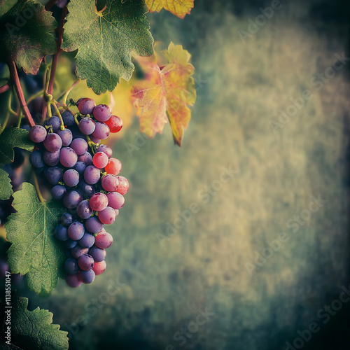 Grapes Hanging on a Purple Grape Vine with Green Leaves photo