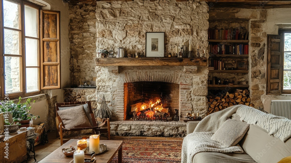 Cozy Rustic Living Room with Warm Fireplace and Natural Light in a Stone Cottage Setting, Inviting Atmosphere with Candles and Bookshelves for Ultimate Relaxation Cozy Rustic Living Room with Warm Fireplace and Natural Light in a Stone Cottage Setting, Inviting Atmosphere with Candles and Bookshelves for Ultimate Relaxation
