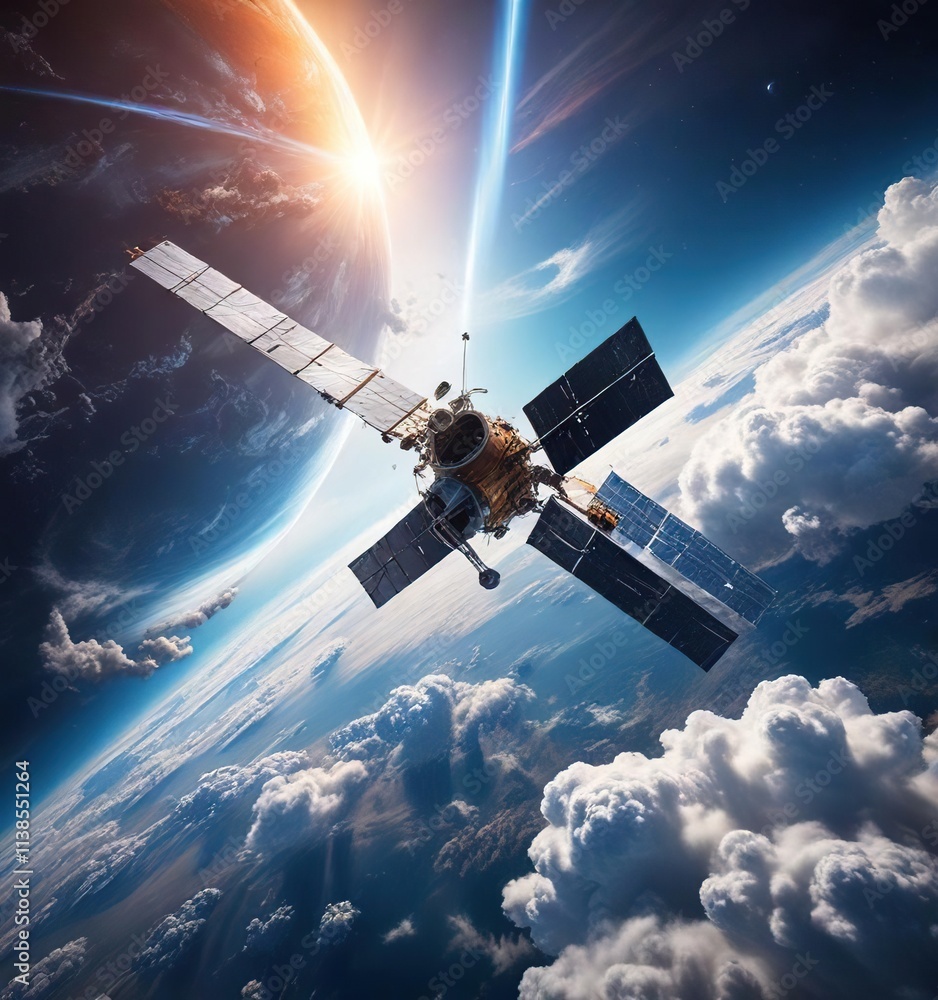 Aerial view of a satellite in orbit above the Earth's surface with clouds and atmosphere, cloud, planet Aerial view of a satellite in orbit above the Earth's surface with clouds and atmosphere, cloud, planet