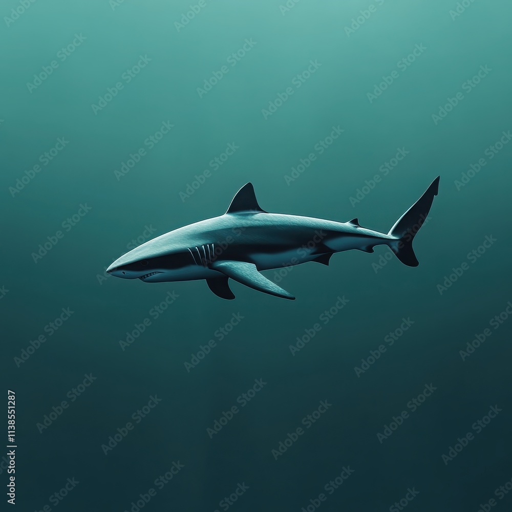 Naklejka premium A dynamic illustration of a sleek shark swimming through the open ocean, with streamlined body motion and a minimalist water background