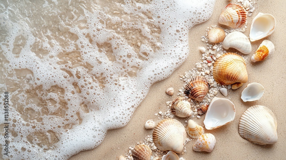 Beautiful Coastal Scene of Colorful Seashells on Sandy Beach with Gentle Waves Lapping Over the Shore, Creating a Tranquil, Serene Atmosphere for Relaxation and Meditation Beautiful Coastal Scene of Colorful Seashells on Sandy Beach with Gentle Waves Lapping Over the Shore, Creating a Tranquil, Serene Atmosphere for Relaxation and Meditation
