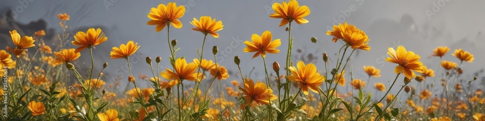 A group of vibrant yellow and orange flowers swaying in the breeze , jard?n, oto?o, florales A group of vibrant yellow and orange flowers swaying in the breeze , jard?n, oto?o, florales