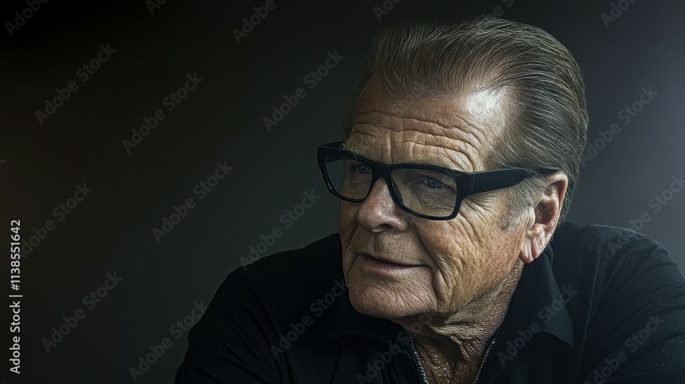 Obraz premium A distinguished elderly man sits confidently, wearing glasses and a black shirt, showcasing a thoughtful expression in soft, moody lighting that highlights his features