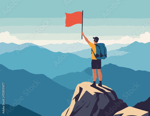 A traveler man on top of a mountain with a backpack and a flag triumphantly raised his hand and looking on valley. The concept of travel, hikes, discoveries, exploration, adventure tourism and travel photo