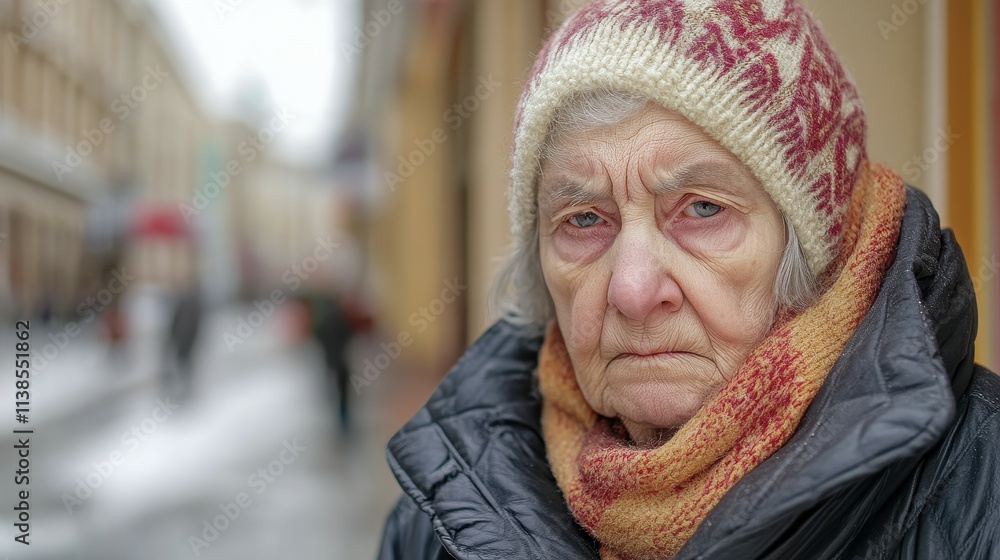 An elderly woman stands outside on a snowy urban street, wearing a warm hat and scarf. Her serious expression contrasts with the bustling background of a quiet winter day An elderly woman stands outside on a snowy urban street, wearing a warm hat and scarf. Her serious expression contrasts with the bustling background of a quiet winter day