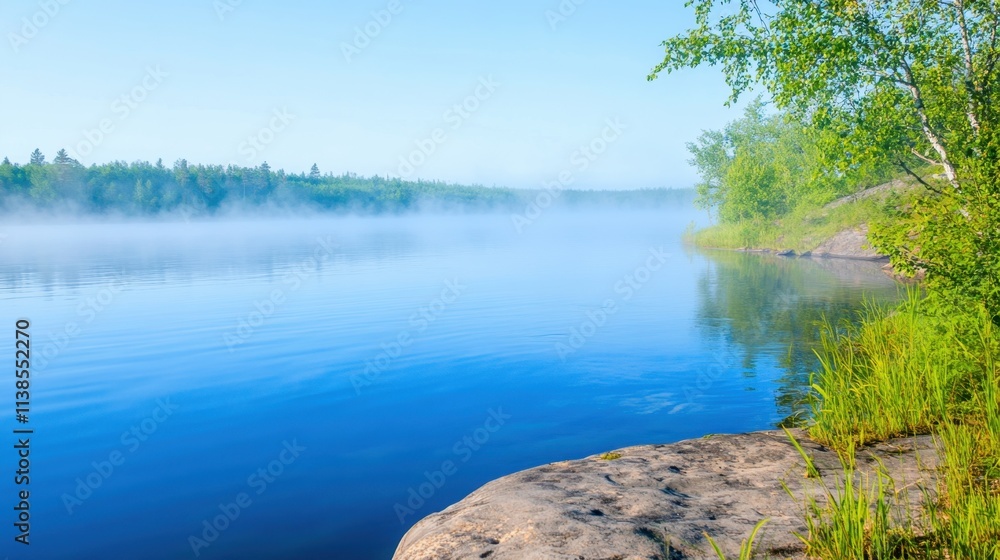 Serene Misty Morning Over Calm Lake Surrounded by Lush Greenery Serene Misty Morning Over Calm Lake Surrounded by Lush Greenery
