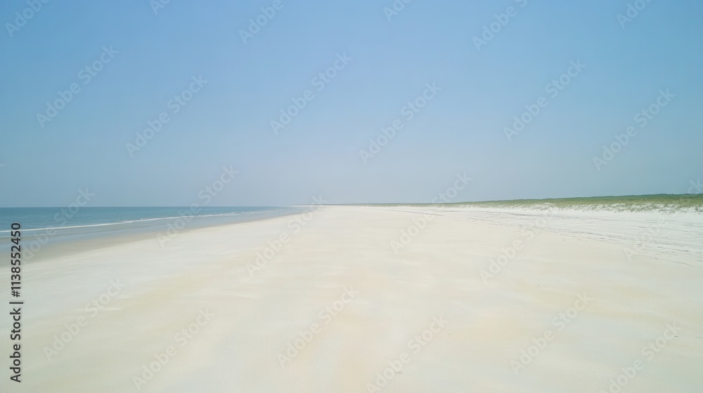 Vast Tranquil Beach with Clear Blue Sky and Expansive Sandy Shoreline Vast Tranquil Beach with Clear Blue Sky and Expansive Sandy Shoreline