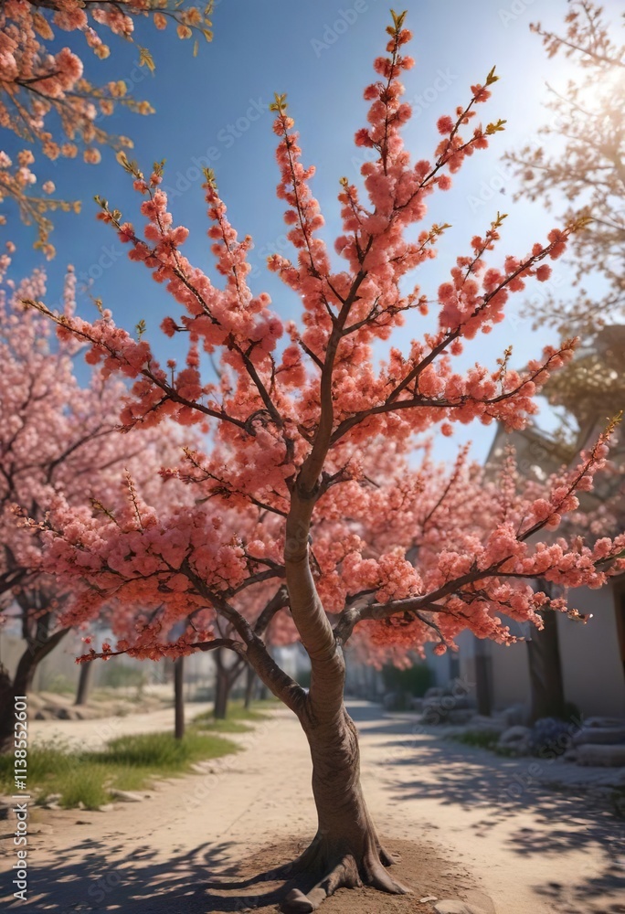 Naklejka premium Apricot tree in full bloom with multiple branches and leaves, outdoor scenery, plant life, landscape