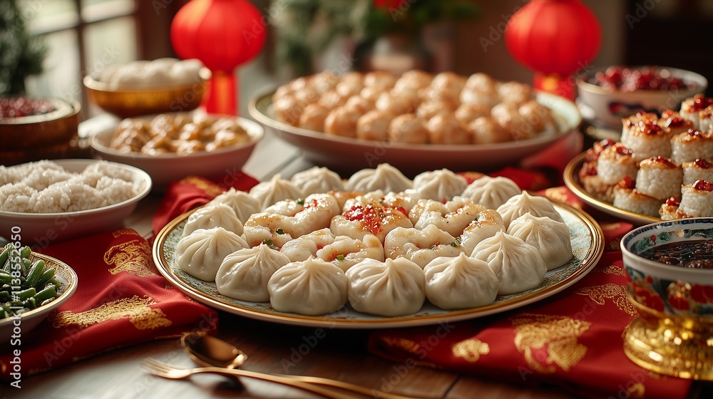 Fototapeta premium Delicious variety of dumplings served on a festive table during a traditional celebration