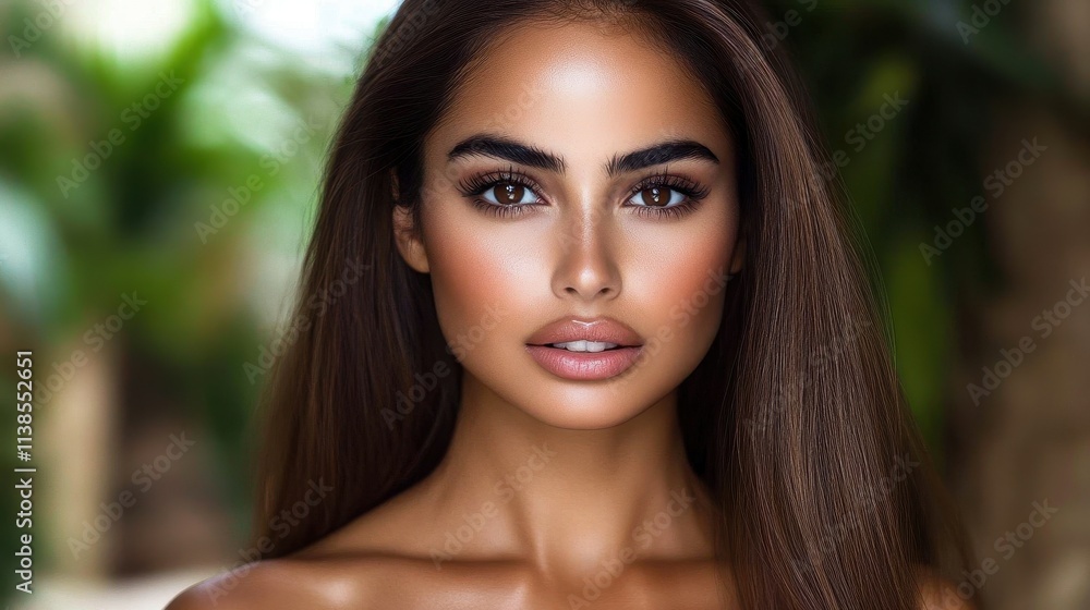 A woman with long, flowing hair stands outdoors, showcasing her radiant skin and captivating facial features. Lush greenery surrounds her, creating a serene atmosphere A woman with long, flowing hair stands outdoors, showcasing her radiant skin and captivating facial features. Lush greenery surrounds her, creating a serene atmosphere