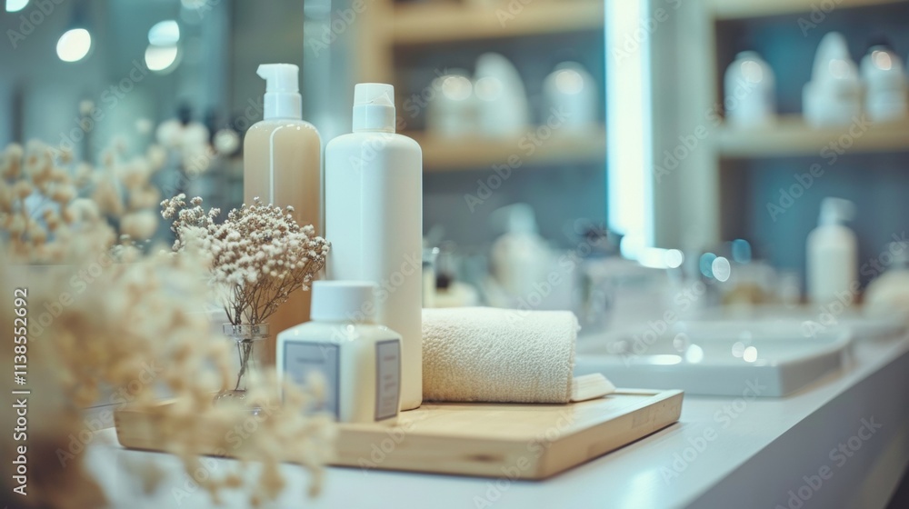 Spa essentials with candles and skincare products on a bathroom counter Spa essentials with candles and skincare products on a bathroom counter