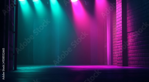 Neon Lit Brick Corridor Wit...