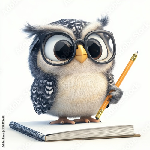 Cute cartoon owl wearing glasses holds a pencil while perched beside a notebook in a cozy study environment photo