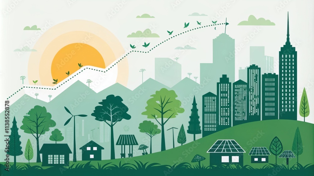 Fototapeta premium Green city landscape featuring solar panels and wind turbines, generating renewable energy while promoting sustainable urban development and ecological balance with nature