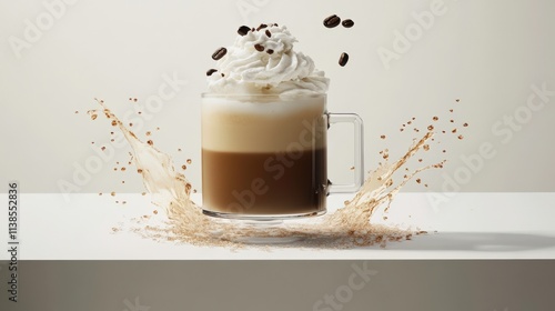 Delicious Coffee Drink with Creamy Whipped Topping and Coffee Beans Splashing, Captured in a Moment of Rich Flavor and Visual Delight photo