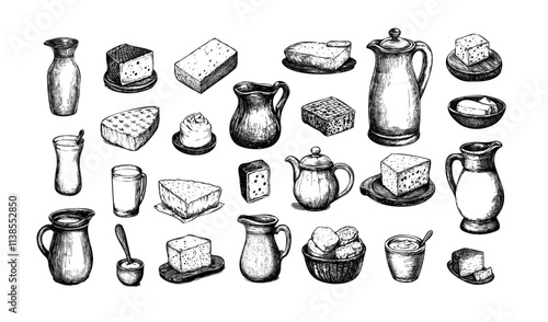 Dairy products engraved vector set. Butter milk jug cheese yogurt cottage, fresh organic nutrition protein production farm rural hand made food, retro ink sketch monochrome isolated vectors