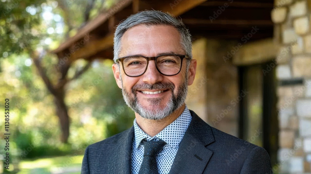 A man with a beard and glasses stands outside a rustic stone building, smiling confidently. The surroundings feature lush greenery and natural light during the day A man with a beard and glasses stands outside a rustic stone building, smiling confidently. The surroundings feature lush greenery and natural light during the day