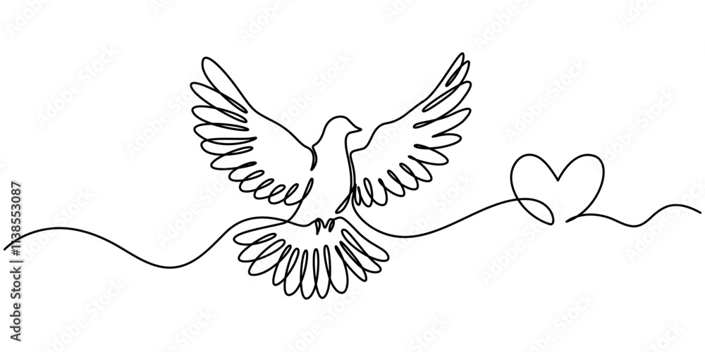Obraz premium Dove of Peace Editable Continuous Line Icon, Bird flying with heart in continuous line art drawing. One outline of dove animal. Vector illustration isolated. Minimalist design handdrawn, White dove. 