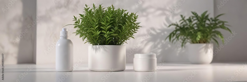Fototapeta premium A round white plastic cream bottle with a box and some greenery nearby , nature, plant, box