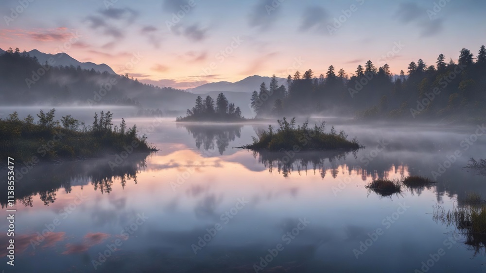 A serene landscape of a lake at dawn with misty blue sky and few white clouds , nature, peaceful A serene landscape of a lake at dawn with misty blue sky and few white clouds , nature, peaceful